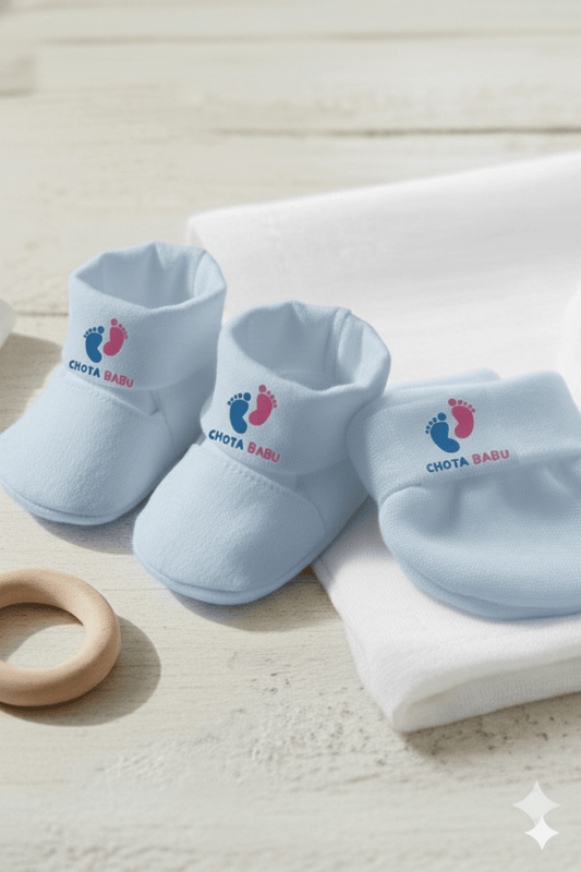 Baby Cotton Mittens & Booties Set – Newborn Comfort Essential | Baby Blue - Chota Babu