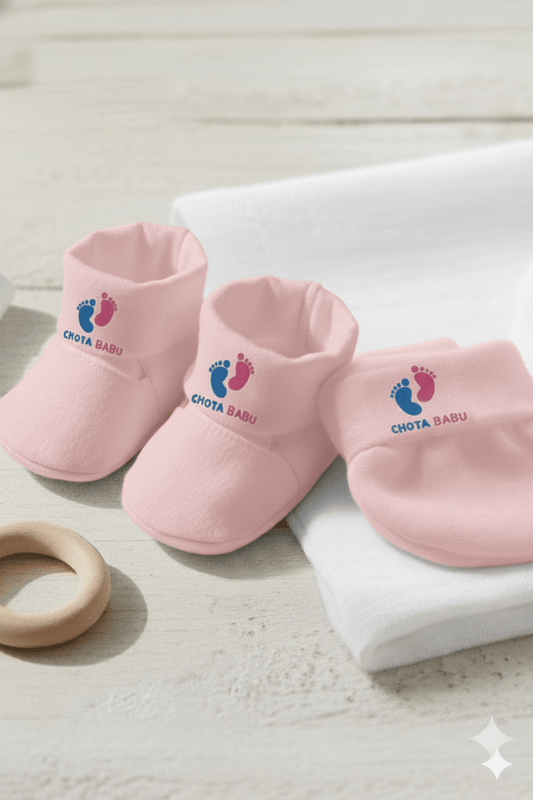Baby Cotton Mittens & Booties Set – Newborn Comfort Essential | Baby Pink - Chota Babu