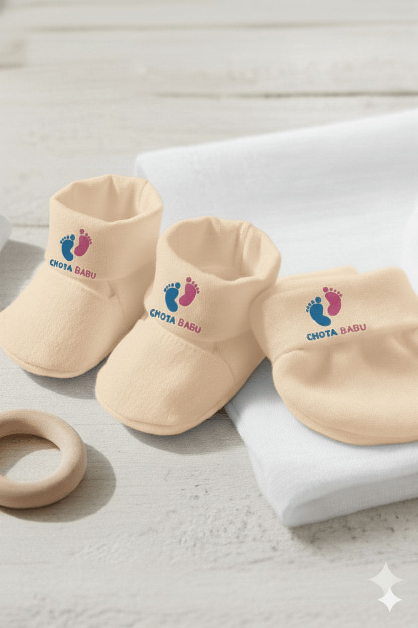 Baby Cotton Mittens & Booties Set – Newborn Comfort Essential | Cream - Chota Babu
