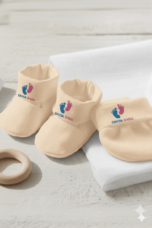 Baby Cotton Mittens & Booties Set – Newborn Comfort Essential | Cream - Chota Babu