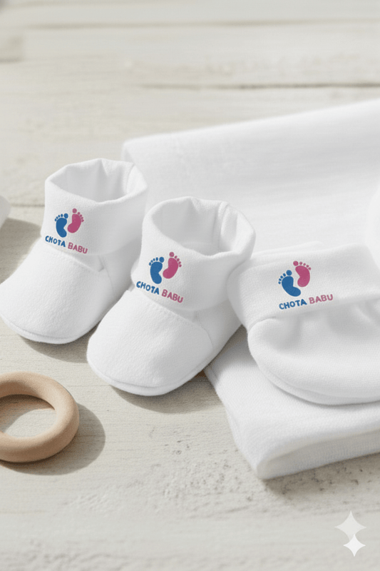Baby Cotton Mittens & Booties Set – Newborn Comfort Essential | White - Chota Babu