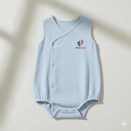 Chota Babu Sleeveless Cotton Summer Romper – Powder Blue - Chota Babu