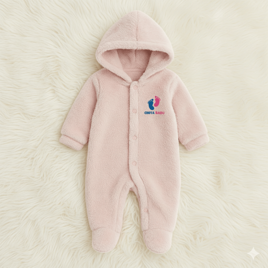 Chota Babu Ultra - Soft Fleece Hooded Baby Romper – Baby Pink - Chota Babu
