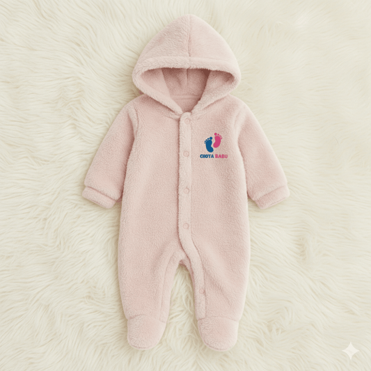 Chota Babu Ultra - Soft Fleece Hooded Baby Romper – Baby Pink - Chota Babu
