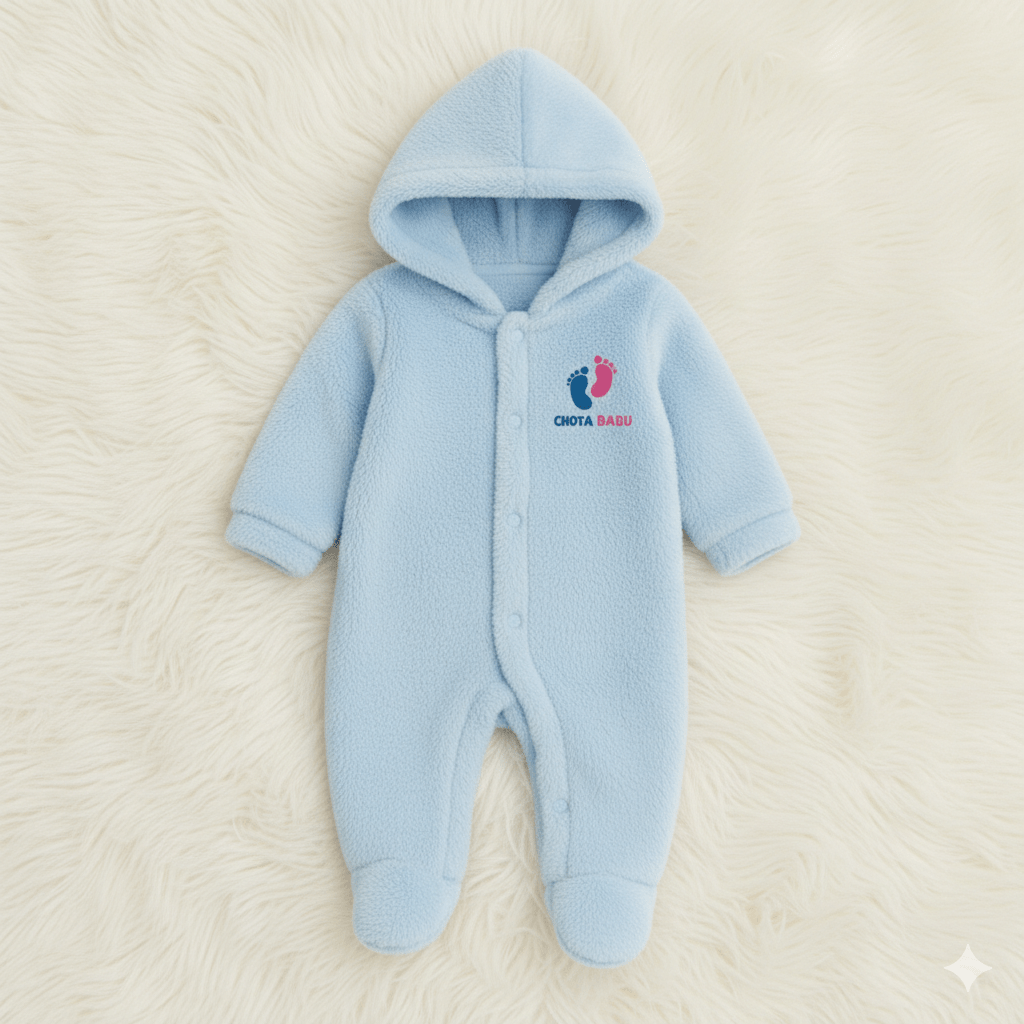 Chota Babu Ultra - Soft Fleece Hooded Baby Romper – Light Blue - Chota Babu
