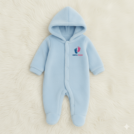 Chota Babu Ultra - Soft Fleece Hooded Baby Romper – Light Blue - Chota Babu