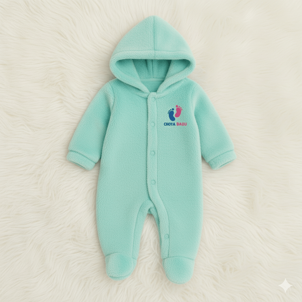Chota Babu Ultra - Soft Fleece Hooded Baby Romper – Mint green - Chota Babu