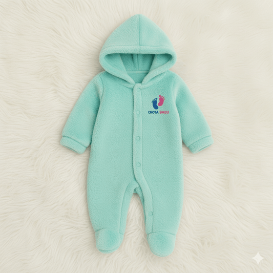Chota Babu Ultra - Soft Fleece Hooded Baby Romper – Mint green - Chota Babu
