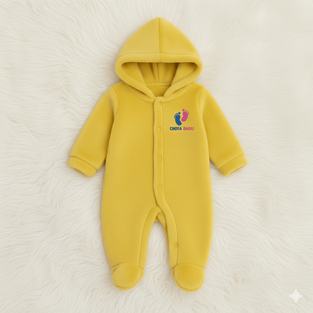 Chota Babu Ultra - Soft Fleece Hooded Baby Romper – Yellow - Chota Babu