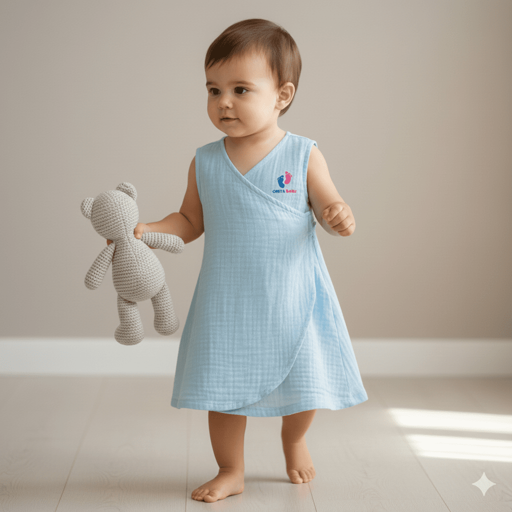 Minimal Wrap Cotton Dress for Baby Girls - Baby Blue - Chota Babu