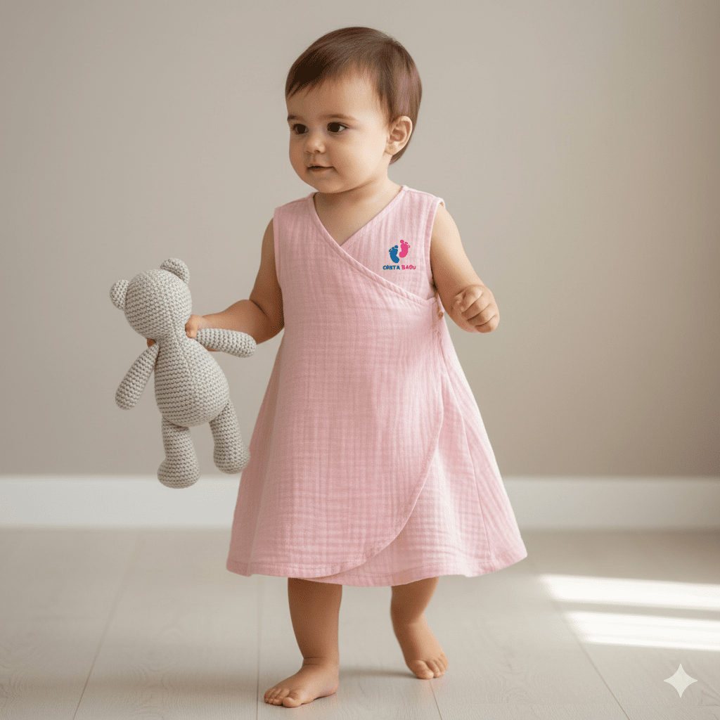 Minimal Wrap Cotton Dress for Baby Girls - Baby Pink - Chota Babu
