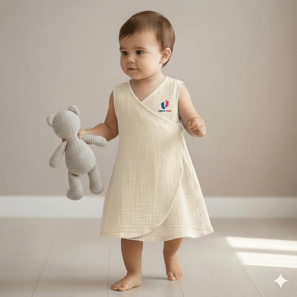 Minimal Wrap Cotton Dress for Baby Girls - Cream color - Chota Babu