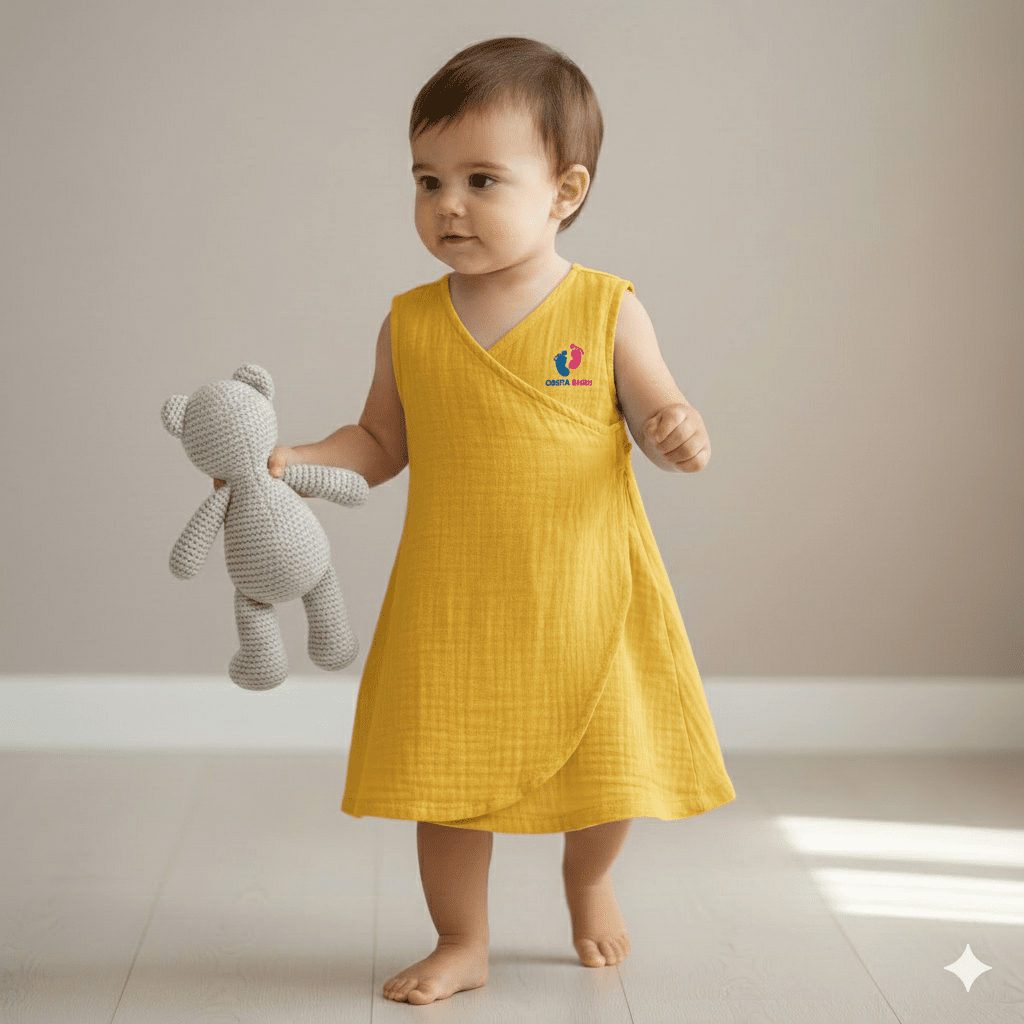 Minimal Wrap Cotton Dress for Baby Girls - Yellow - Chota Babu